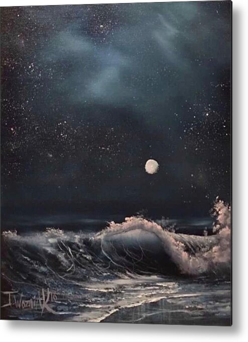 Beach Wave Ocean Lbi Long Beach Island Moon Sky Clouds Metal Print featuring the painting Midnight surf by Justin Wozniak