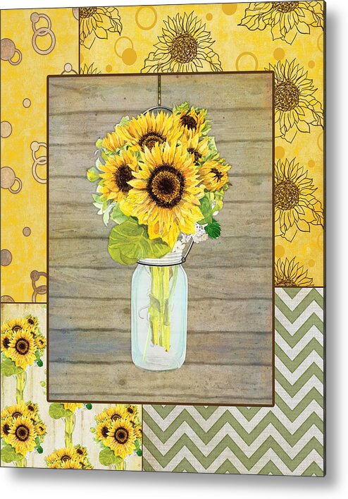 Modern Metal Print featuring the painting Modern Rustic Country Sunflowers in Mason Jar by Audrey Jeanne Roberts