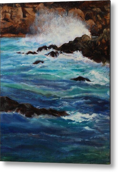 The Larger The Wave The More Thrill Is The Sea That Contains It Metal Print featuring the painting Monterey Wave #2 by Joyce Snyder