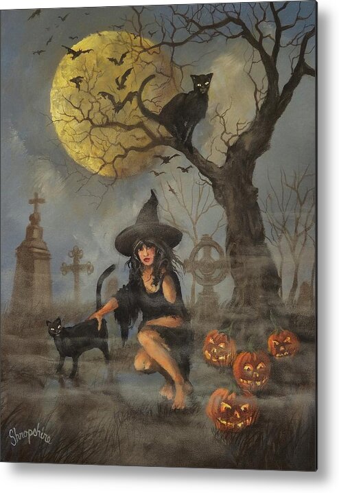 ; Halloween Metal Print featuring the painting Moon Witch by Tom Shropshire