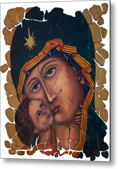  Panagia Metal Print featuring the painting Mother of God Fresco by Lena Owens - OLena Art Vibrant Palette Knife and Graphic Design
