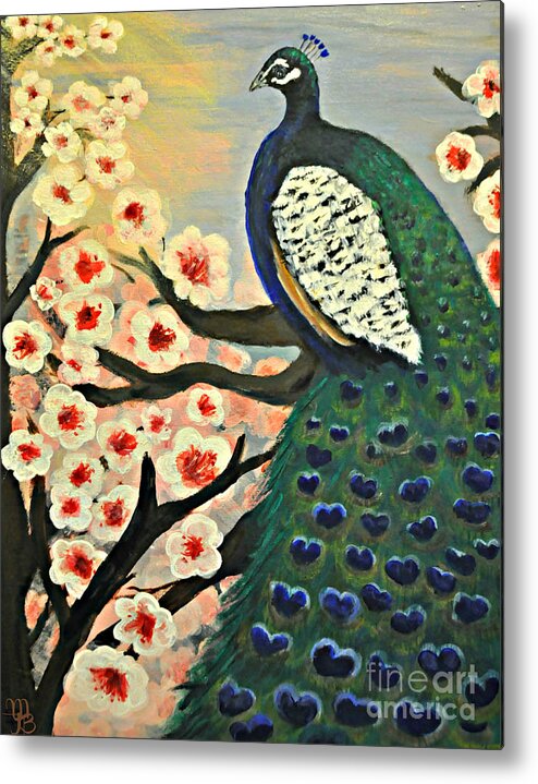 Peacock Metal Print featuring the painting Mr. Peacock Cherry Blossom by Mindy Bench