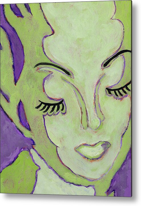 Green Female Face Metal Print featuring the painting Mug Shot Green by Pegeen Shean