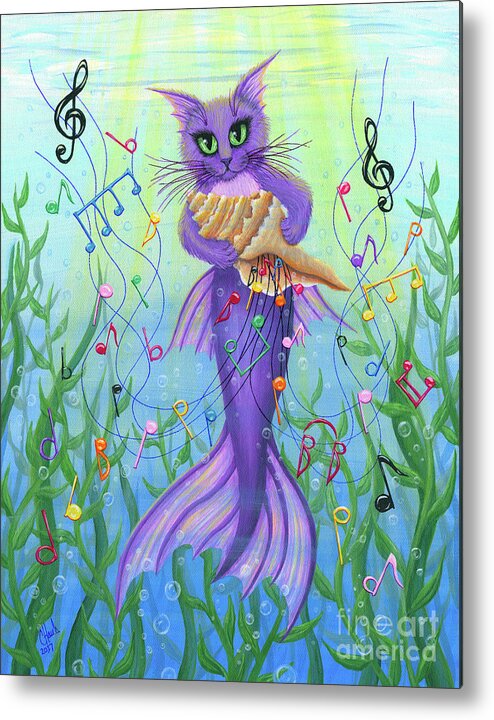 Cat Decor Metal Print featuring the painting Musical Mercat - Purple Mermaid Cat by Carrie Hawks