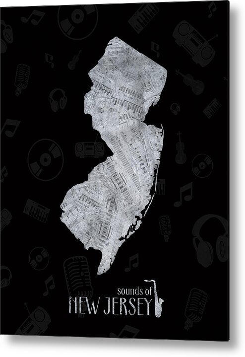 New Jersey Metal Print featuring the digital art New Jersey Map Music Notes 2 by Bekim M