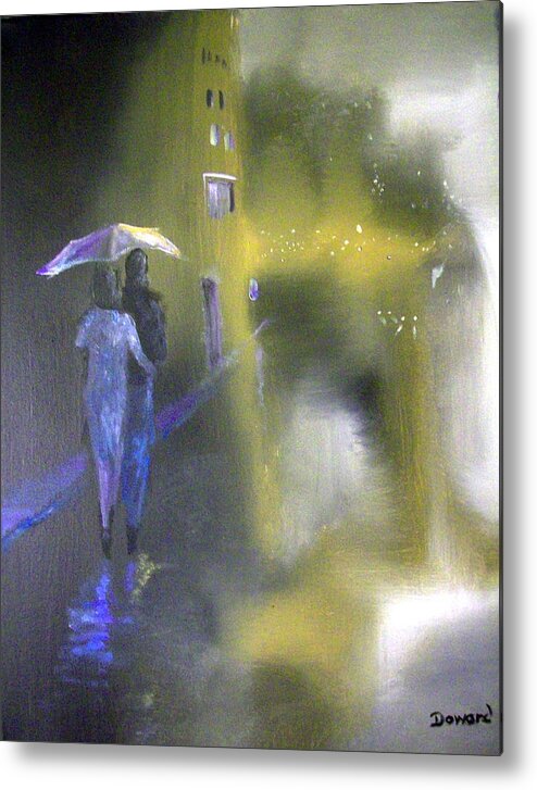 Art Metal Print featuring the painting Night Walk in the Rain by Raymond Doward