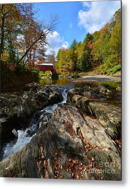 Slaughterhouse Covered Bridge Metal Print featuring the photograph October in Vermont by Steve Brown