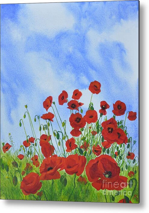 Poppies Field Flowers Red Blue Sky Grass Metal Print featuring the painting Olivia's Poppies by Sandra Phryce-Jones