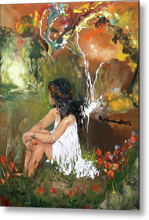 Open Minded Waterfall Water Girl Woman Flowers Sunrise Stream Forest Nymph Trees Mountain Abstract Painting Print Thinking Thoughtful Day-light Frock Metal Print featuring the painting Open-minded by Miroslaw Chelchowski