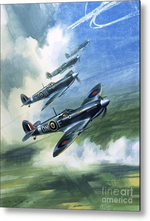 Patrolling Flight Of 416 Squadron Metal Print featuring the painting Patrolling flight of 416 Squadron, Royal Canadian Air Force, Spitfire Mark Nines by Wilf Hardy