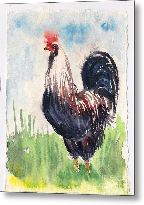 Rooster Metal Print featuring the painting Paunchy rooster by Asha Sudhaker Shenoy