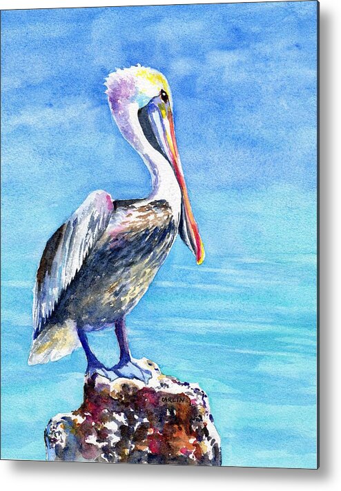 Pelican Metal Print featuring the painting Pelican on a Post by Carlin Blahnik CarlinArtWatercolor