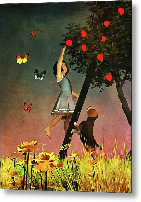 Amy Metal Print featuring the painting Picking apples together by Jan Keteleer