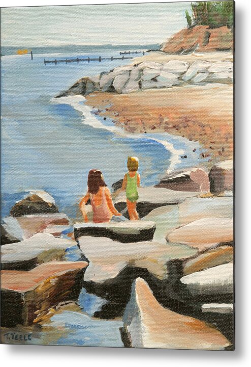 Ocean Metal Print featuring the painting Playing on the Jetties by Trina Teele