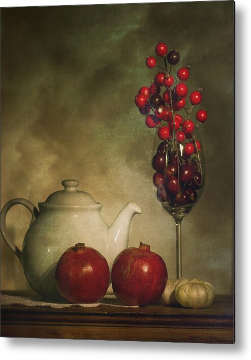 Pomegranates Metal Print featuring the photograph Pomegranates and Tea Pot by Levin Rodriguez