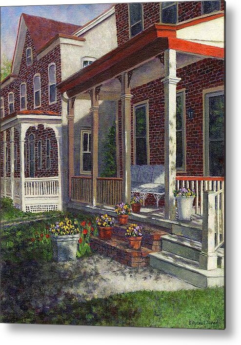 Pansies Metal Print featuring the painting Porch with Pots of Pansies by Susan Savad