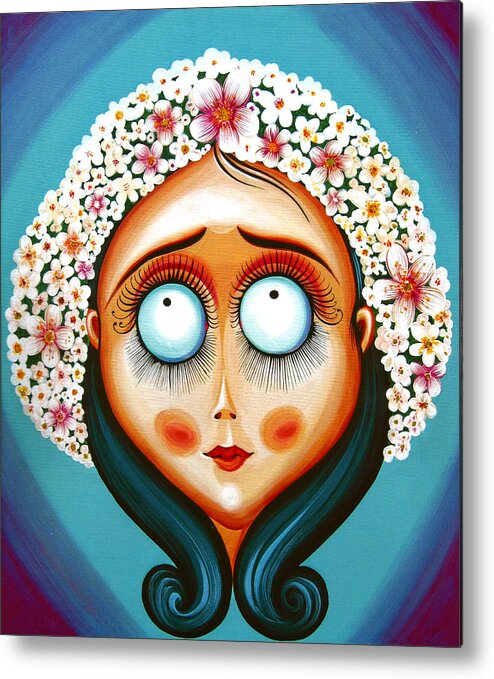 Big Eye Metal Print featuring the painting Pretty with Wreath of Flowers - Acrylic Painting on Canvas by Tiberiu Soos