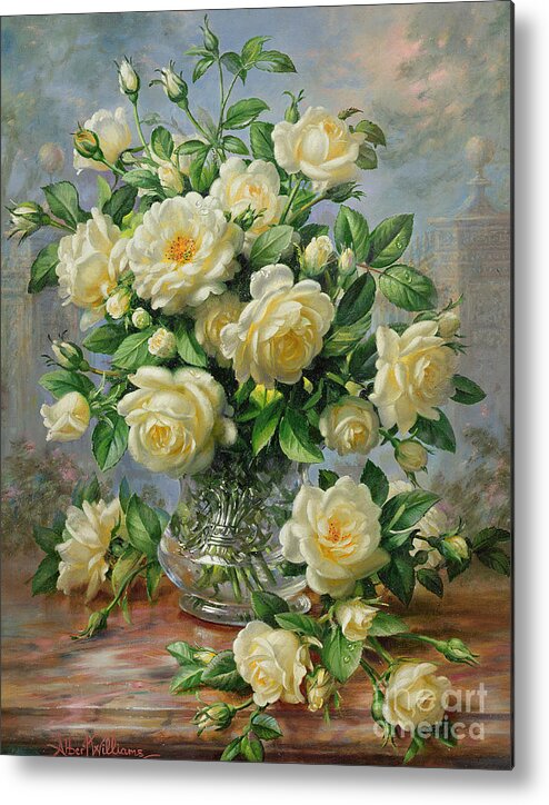 In Honour Of Lady Diana Spencer (1961-97); Still Life; Flower; Rose; Arrangement; Princess Of Wales (1981-96); Homage; Yellow; Flowers; Leafs Metal Print featuring the painting Princess Diana Roses in a Cut Glass Vase by Albert Williams