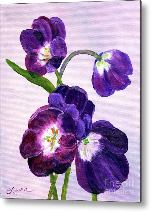 Tulips Metal Print featuring the painting Purple Tulips on Gray Background by Laura Iverson