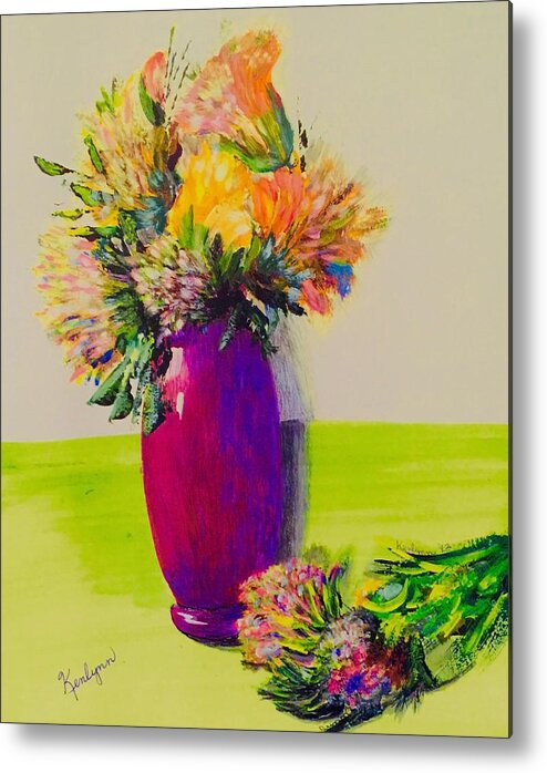 Vase Metal Print featuring the painting Purple Vase and Florals by Kenlynn Schroeder