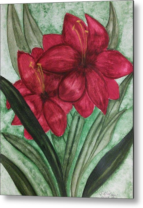 Deep Red Amaryllis Metal Print featuring the painting Red Amaryllis by Susan Nielsen