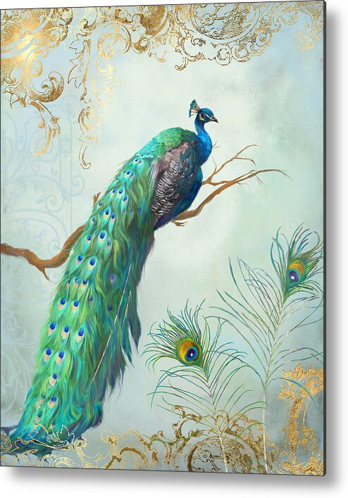 Peacock On Tree Branch Metal Print featuring the painting Regal Peacock 1 on Tree Branch w Feathers Gold Leaf by Audrey Jeanne Roberts