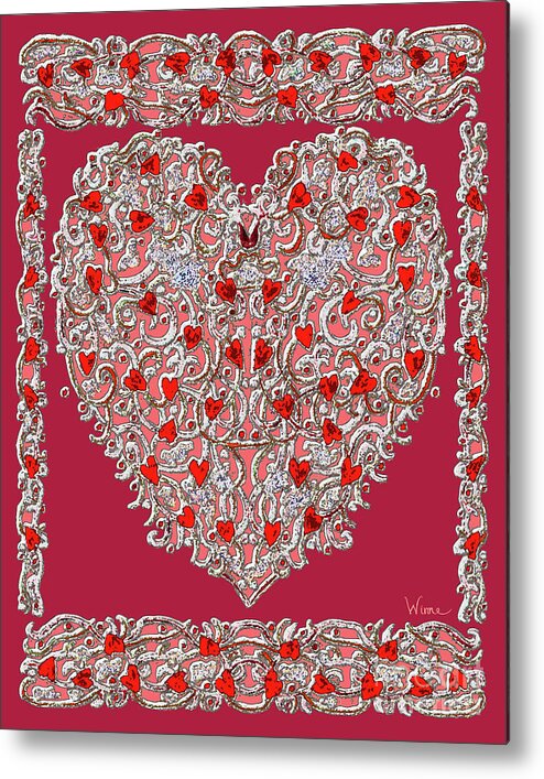 Lise Winne Metal Print featuring the digital art Renaissance Style Heart with Dark Red Background by Lise Winne