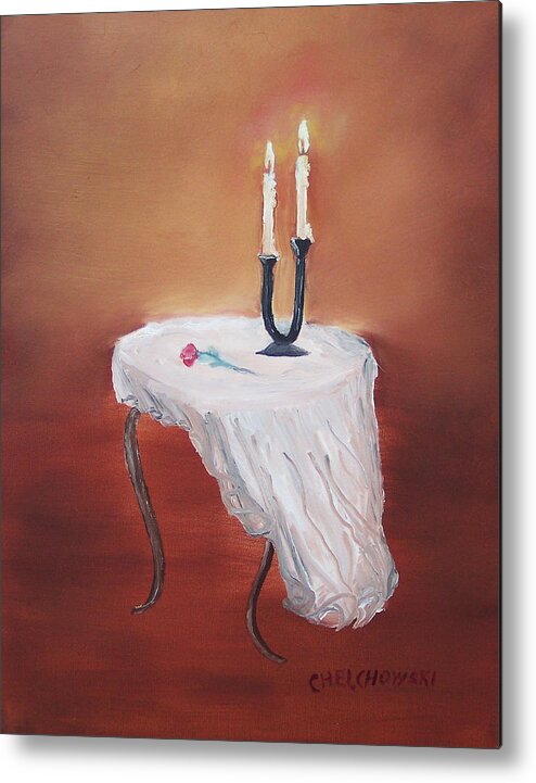 Rose Table Candle Rose Flower Metal Print featuring the painting Rose by Miroslaw Chelchowski