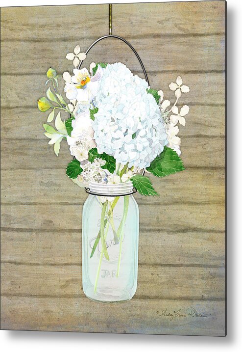 White Hydrangea Metal Print featuring the painting Rustic Country White Hydrangea n Matillija Poppy Mason Jar Bouquet on Wooden Fence by Audrey Jeanne Roberts