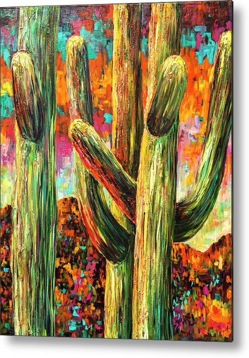 Saguaros Metal Print featuring the painting Saguaros at Sunset by Sally Quillin