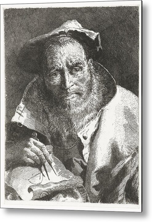 Scientist With Beret On Head And Compass In Hand Metal Print featuring the painting Scientist with beret on head and compass in hand Giovanni Domenico Tiepolo after Giovanni Battista by Celestial Images