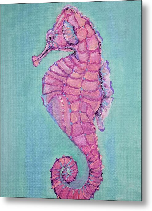 Sea Horse Pink Ocean Purple Aqua Home Decoration Beach House Ocean Theme Water Bubbles Nursery Fish Life Metal Print featuring the painting Sea horse by Anne Seay