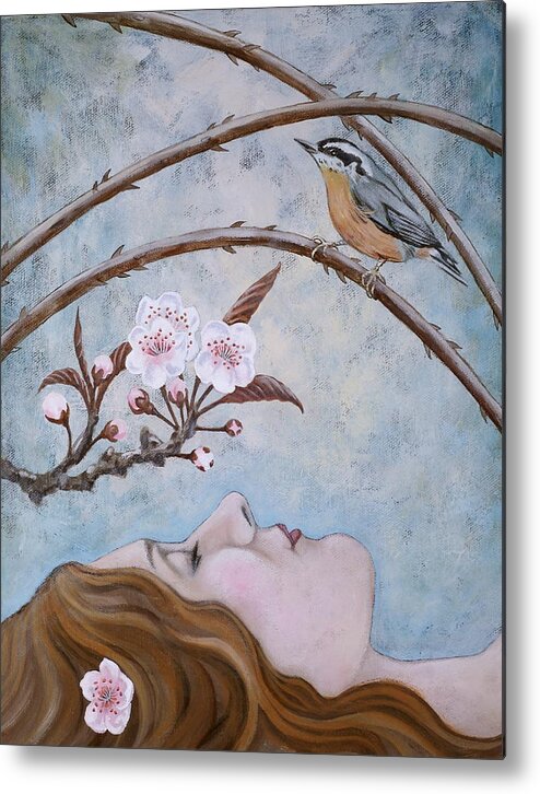 Red Created Nuthatch Metal Print featuring the painting She Dreams the Spring by Sheri Howe