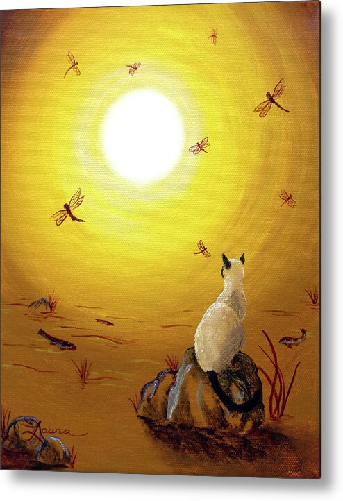 Siamese Cat Metal Print featuring the painting Siamese Cat with Red Dragonflies by Laura Iverson