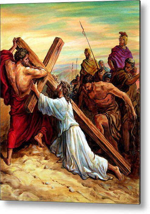 Jesus Metal Print featuring the painting Simon Helping Jesus by John Lautermilch