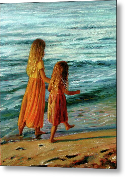 Young Sisters Metal Print featuring the painting Sisters Walking by Marie Witte