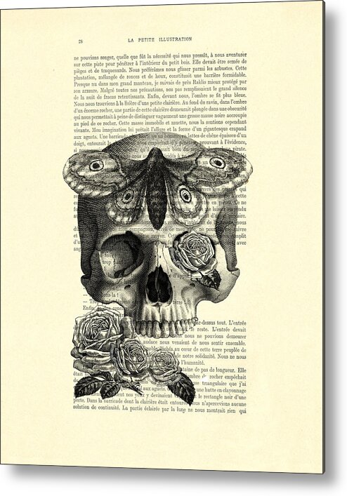 Skull Metal Print featuring the digital art Skull with hawkmoth black and white by Madame Memento