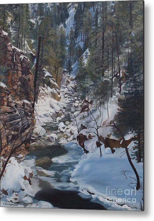 Water Metal Print featuring the painting Snowy forest stream by Barbara Barber