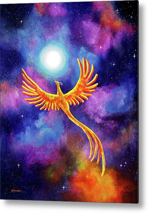 Fantasy Metal Print featuring the painting Soaring Firebird in a Cosmic Sky by Laura Iverson