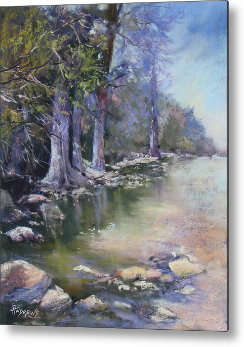 Landscape Metal Print featuring the painting Soft Light on the Pedernales by Rae Andrews