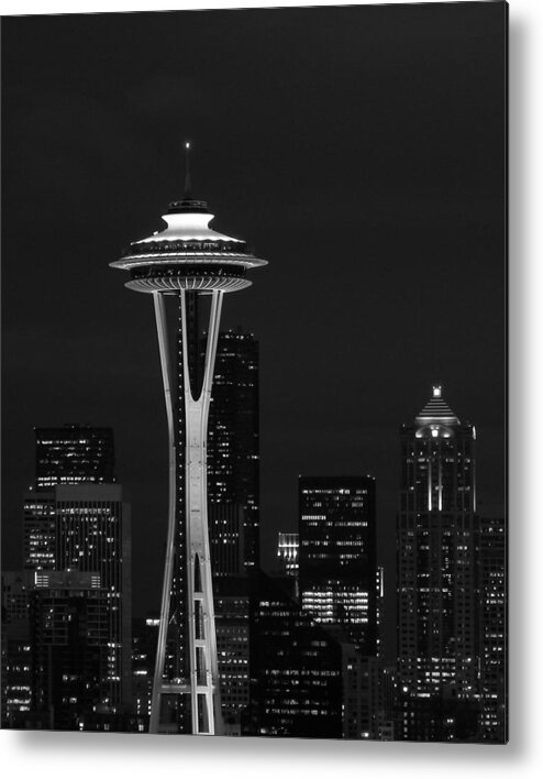 Space Needle Metal Print featuring the photograph Space Needle at Night in Black and White by Mark J Seefeldt