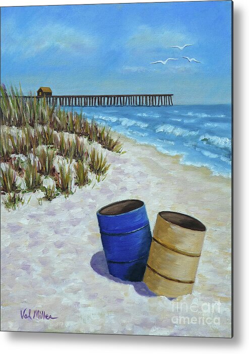 Trash Cans Metal Print featuring the painting Spring Day on the Beach by Val Miller