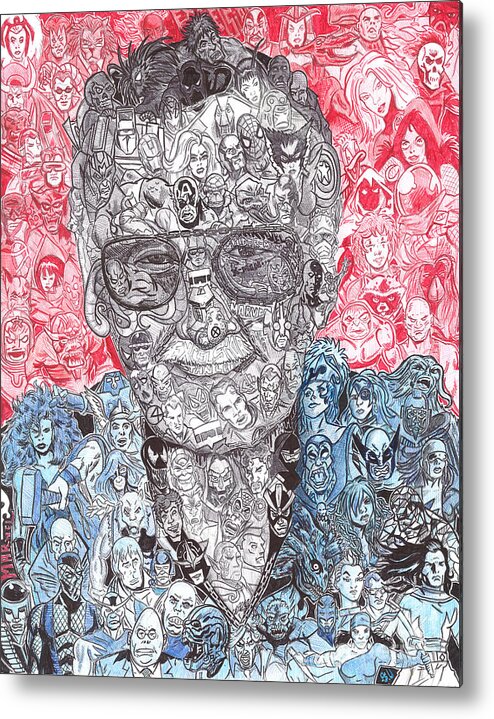 Stan Lee Marvel Spiderman Xmen Guardians Of The Galaxy Avengers Hulk Thor Captain America Iron Man Ant Man Silver Surfer Comic Book Comics Dc Groot Ballpoint Pen Metal Print featuring the drawing Stan Lee by Serafin Ureno