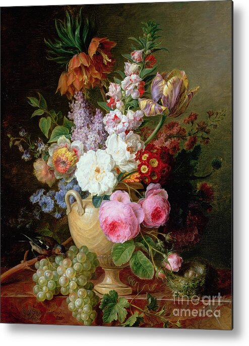 Flower Metal Print featuring the painting Still life with flowers and grapes by Cornelis van Spaendonck