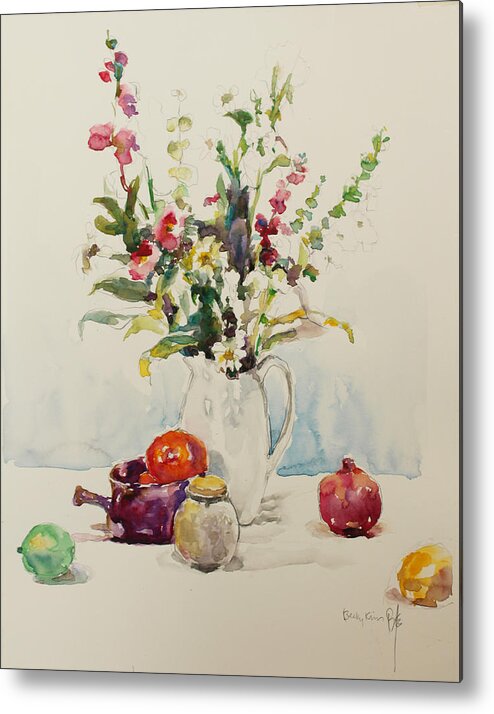 Watercolor Metal Print featuring the painting Still Life with Pomegranate by Becky Kim