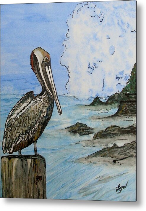 Brown Pelican Metal Print featuring the painting Storm Warch by Lyn Hayes