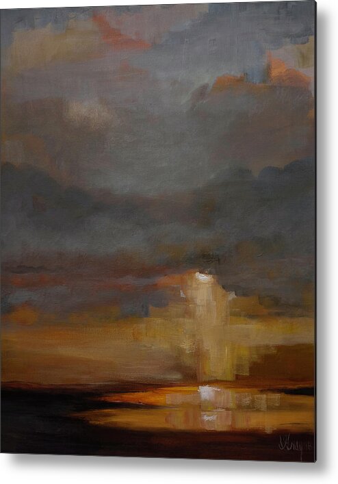 Seascape Metal Print featuring the painting Stormy Waterscape Sunset Seascape Marsh Painting by Gray Artus
