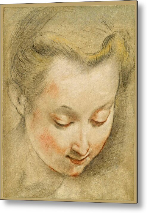 Federico Barocci Metal Print featuring the drawing Study of the Head of a Young Woman looking down to the Right by Federico Barocci