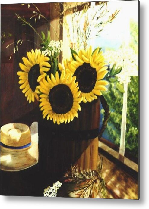 Sunflowers Metal Print featuring the painting Sunflower Sill by Renate Wesley