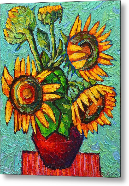 Sunflowers Metal Print featuring the painting Sunflowers In Red Vase Original Oil Painting by Ana Maria Edulescu